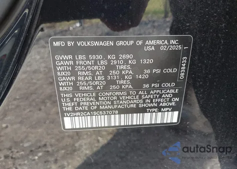 2025 Volkswagen Atlas 2.0T Se W/Technology z USA, uszkodzony, nr VIN 1V2HR2CA1SC537078